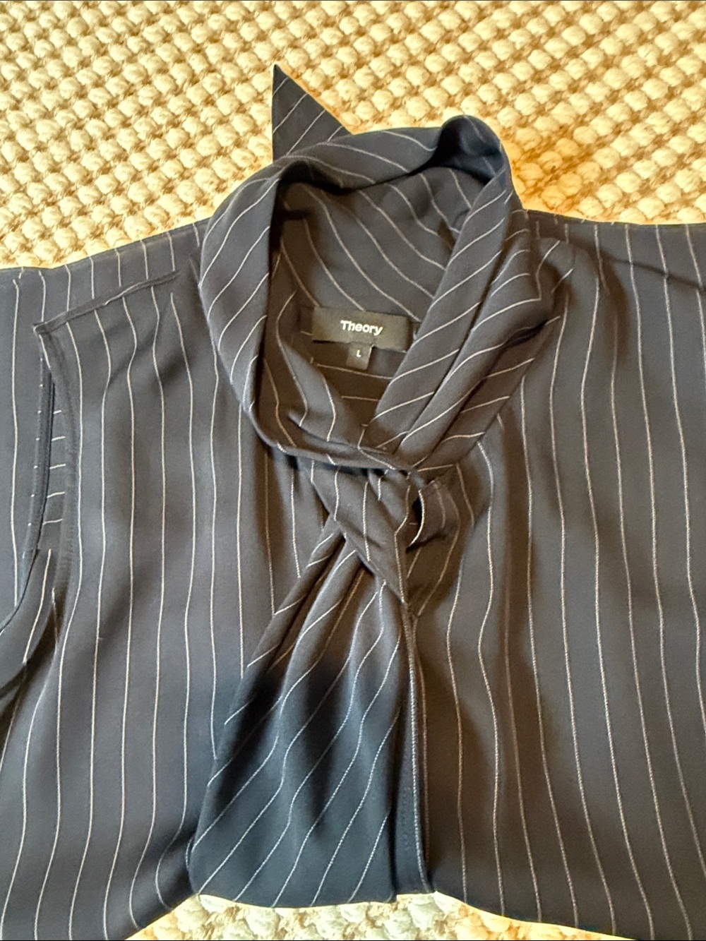 Theory, Navy pinstripe neck tie blouse, Large
